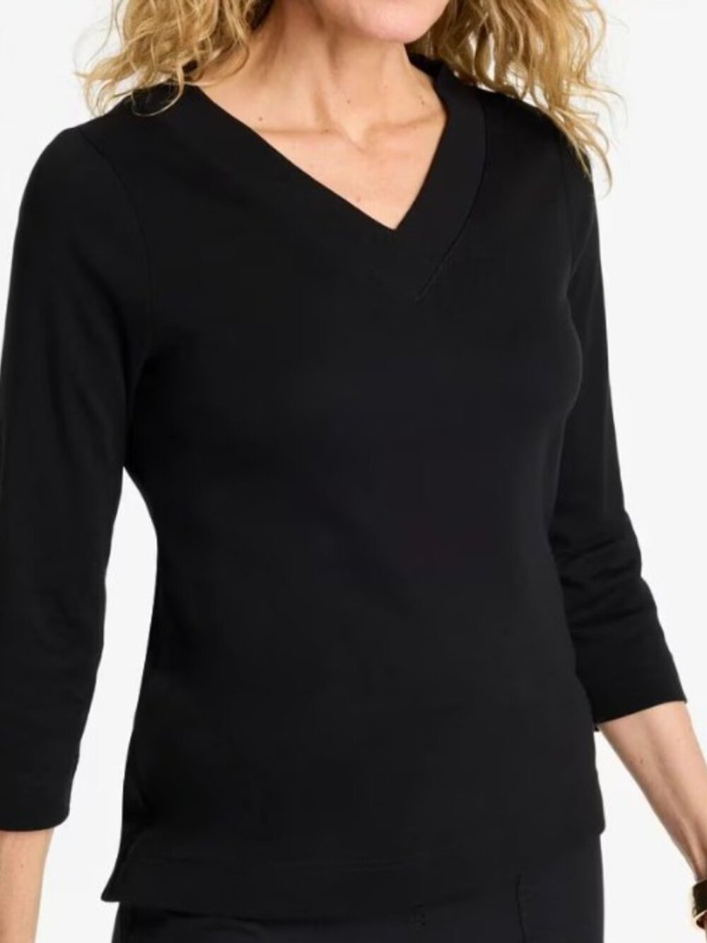 Chico's Pima Wide V Tee 3/$ Sleeve Black sz 1 Med  Ladies Top NEW NWT